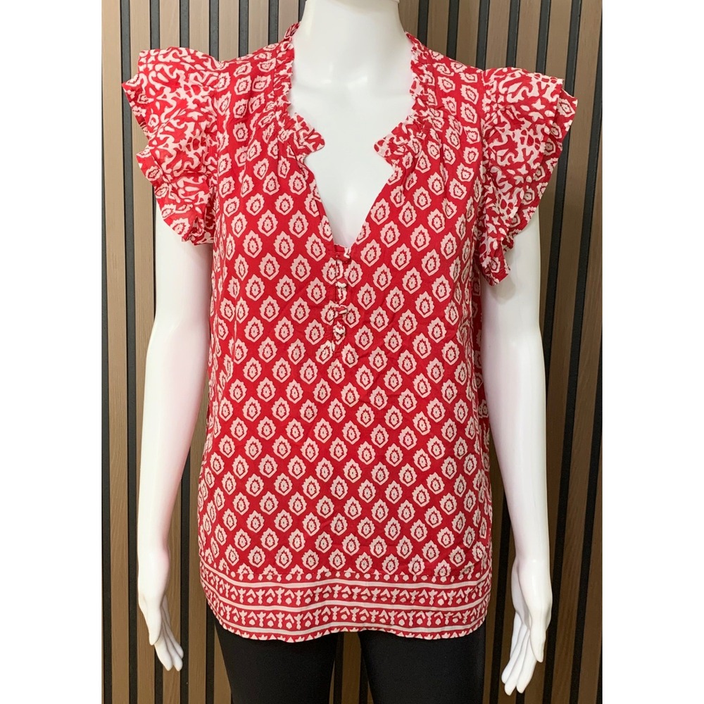 Vineyard Vines Red White Geometric Flutter Sleeve Cotton Modal Blouse Medium